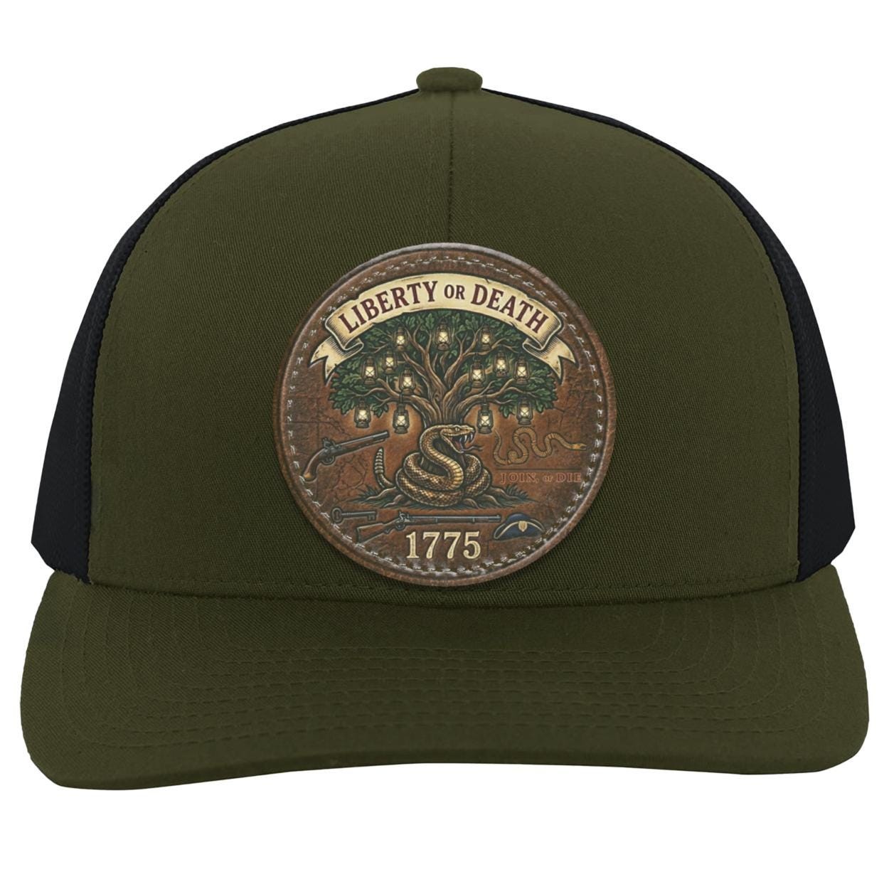 Custom Leather Patch Hat, Liberty Tree, Join or Die Rattlesnake, 1775 Patriotic Cap