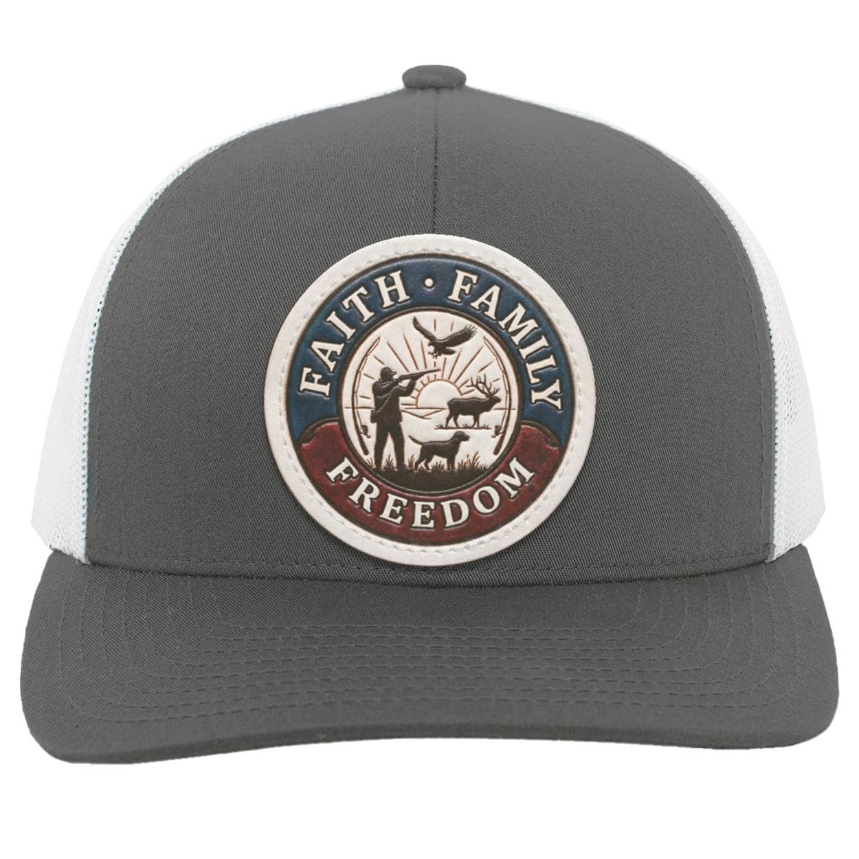 Faith Family Freedom Hunting Hat • Distressed Leather Patch Mesh Back Trucker Cap • Elk Hunter, Bird Hunting, American Patriot Gift for Men