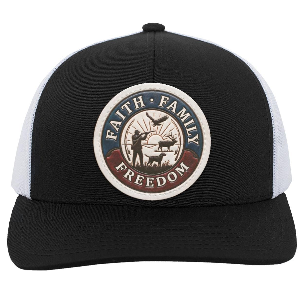 Faith Family Freedom Hunting Hat • Distressed Leather Patch Mesh Back Trucker Cap • Elk Hunter, Bird Hunting, American Patriot Gift for Men, view 2
