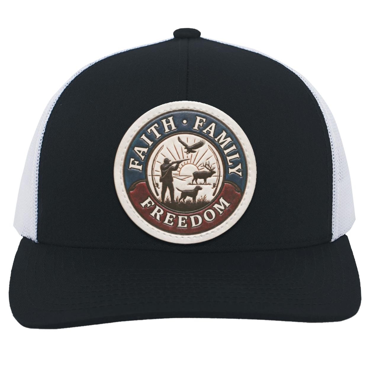 Faith Family Freedom Hunting Hat • Distressed Leather Patch Mesh Back Trucker Cap • Elk Hunter, Bird Hunting, American Patriot Gift for Men, view 3