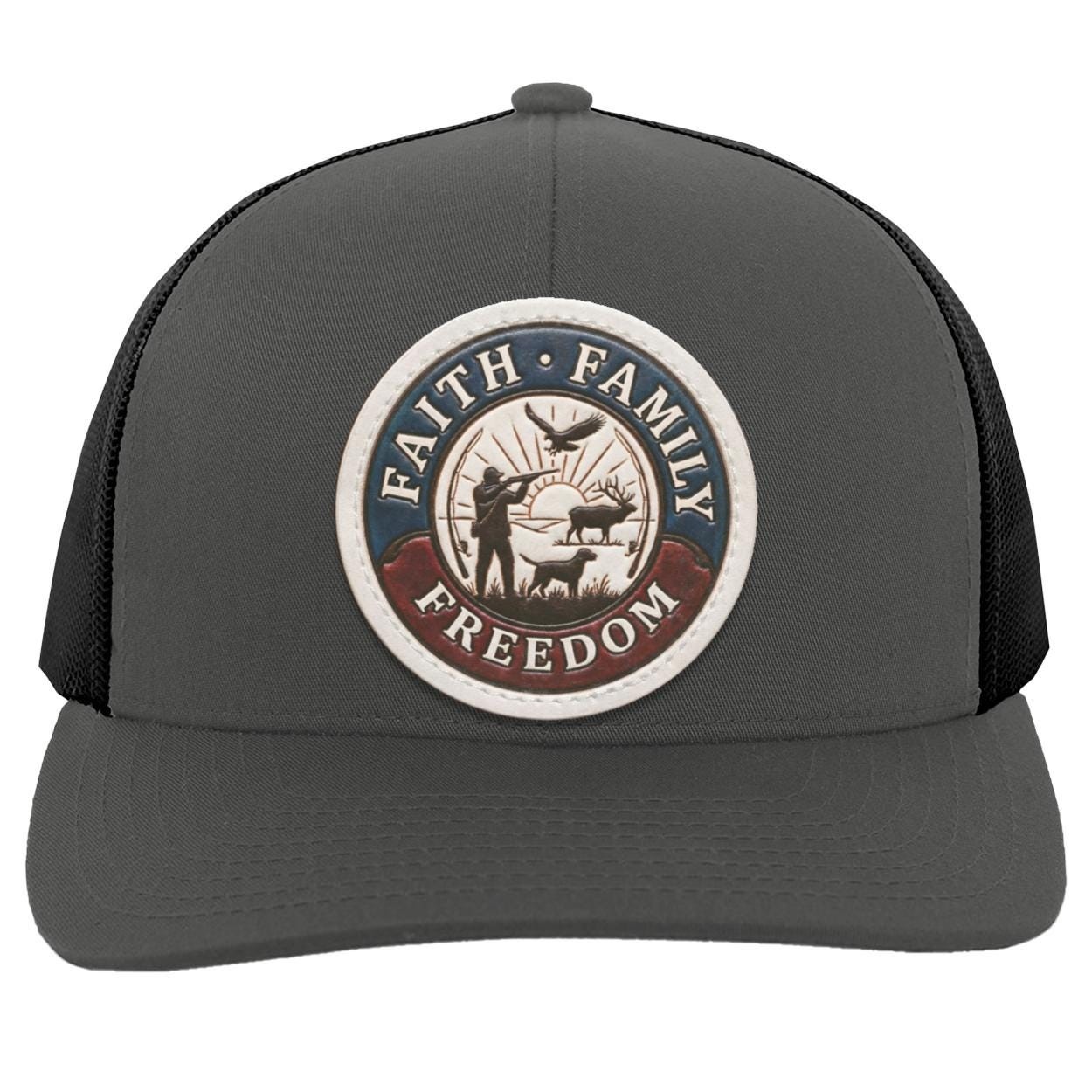 Faith Family Freedom Hunting Hat • Distressed Leather Patch Mesh Back Trucker Cap • Elk Hunter, Bird Hunting, American Patriot Gift for Men, view 4