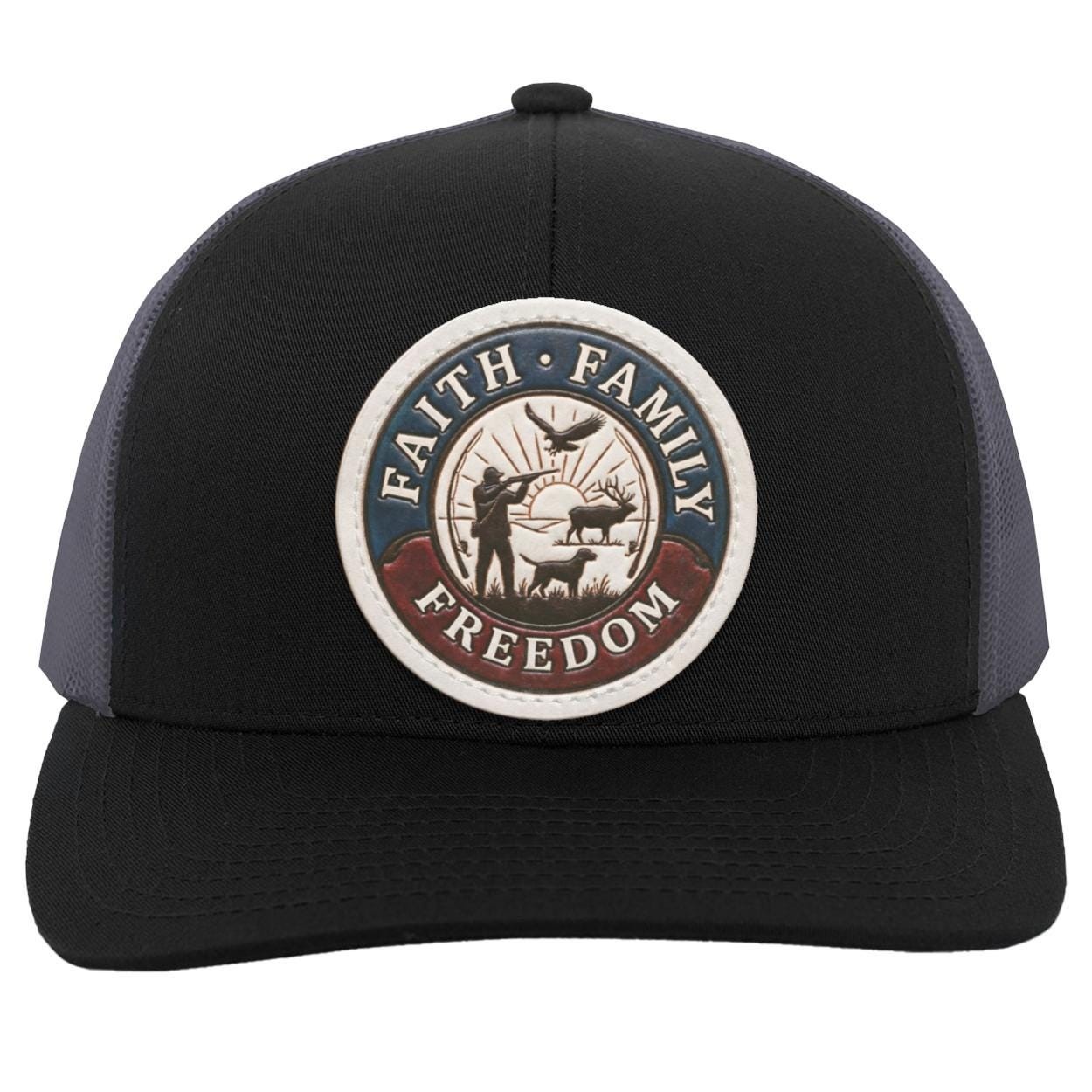 Faith Family Freedom Hunting Hat • Distressed Leather Patch Mesh Back Trucker Cap • Elk Hunter, Bird Hunting, American Patriot Gift for Men, view 5