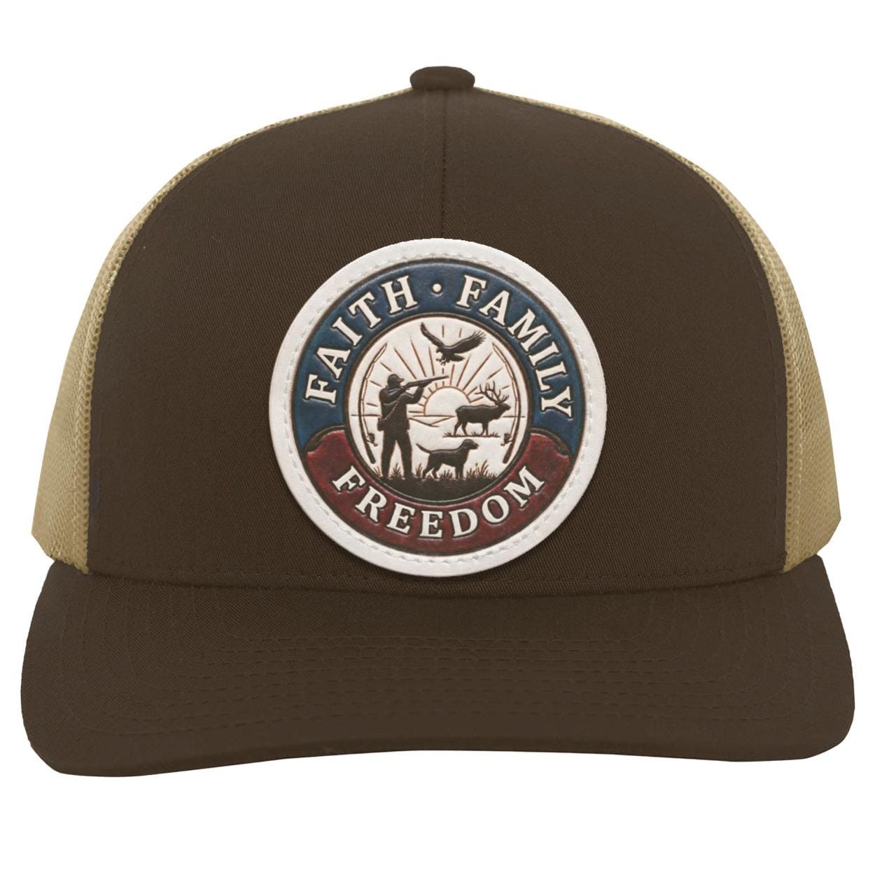 Faith Family Freedom Hunting Hat • Distressed Leather Patch Mesh Back Trucker Cap • Elk Hunter, Bird Hunting, American Patriot Gift for Men, view 6