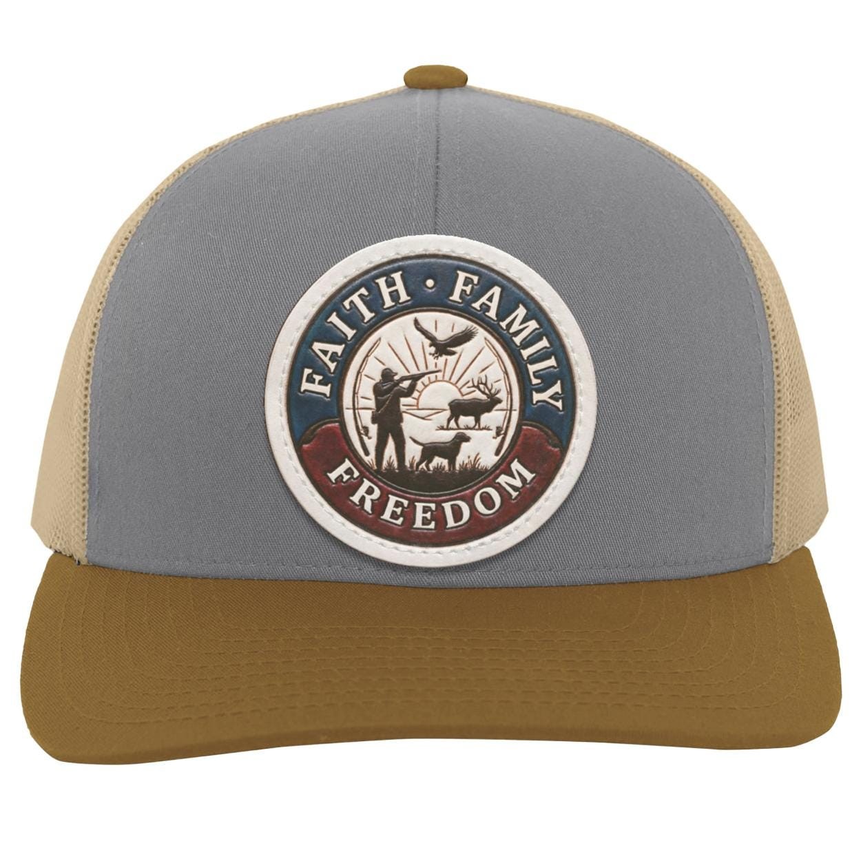 Faith Family Freedom Hunting Hat • Distressed Leather Patch Mesh Back Trucker Cap • Elk Hunter, Bird Hunting, American Patriot Gift for Men, view 7