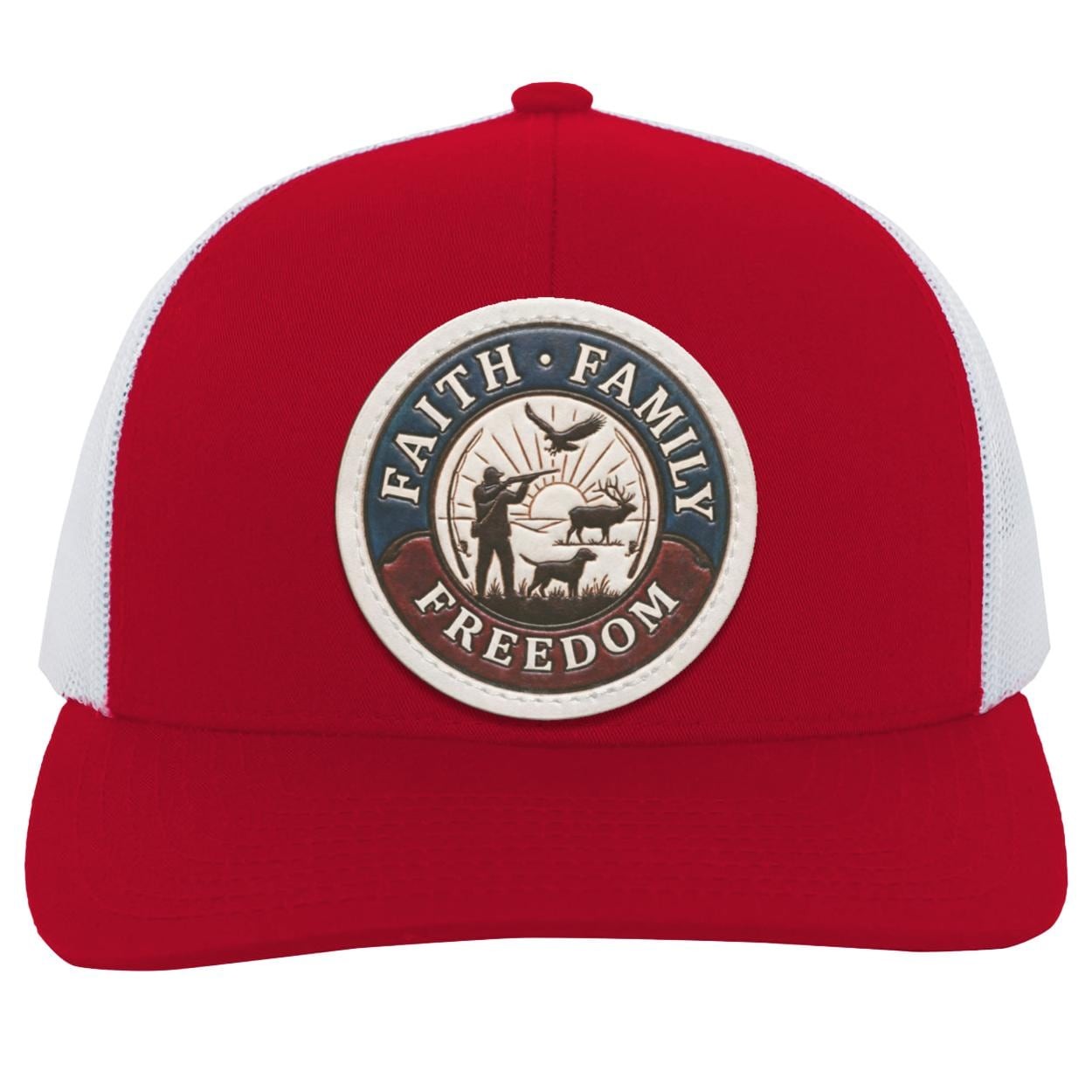 Faith Family Freedom Hunting Hat • Distressed Leather Patch Mesh Back Trucker Cap • Elk Hunter, Bird Hunting, American Patriot Gift for Men, view 8
