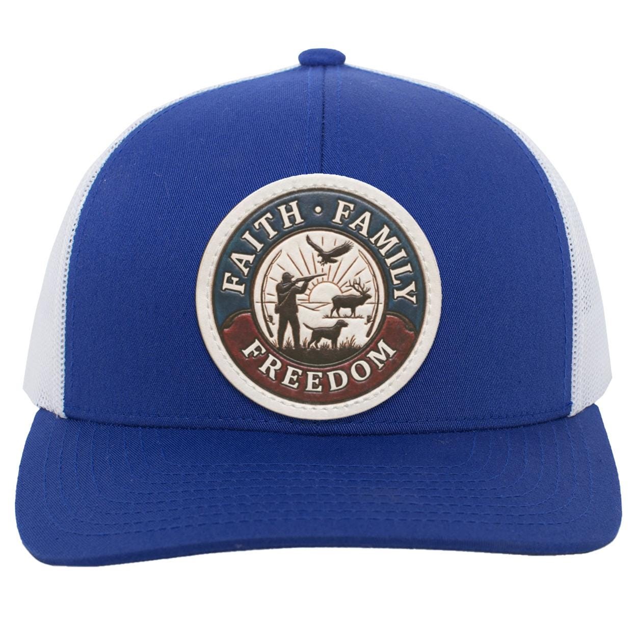 Faith Family Freedom Hunting Hat • Distressed Leather Patch Mesh Back Trucker Cap • Elk Hunter, Bird Hunting, American Patriot Gift for Men, view 9