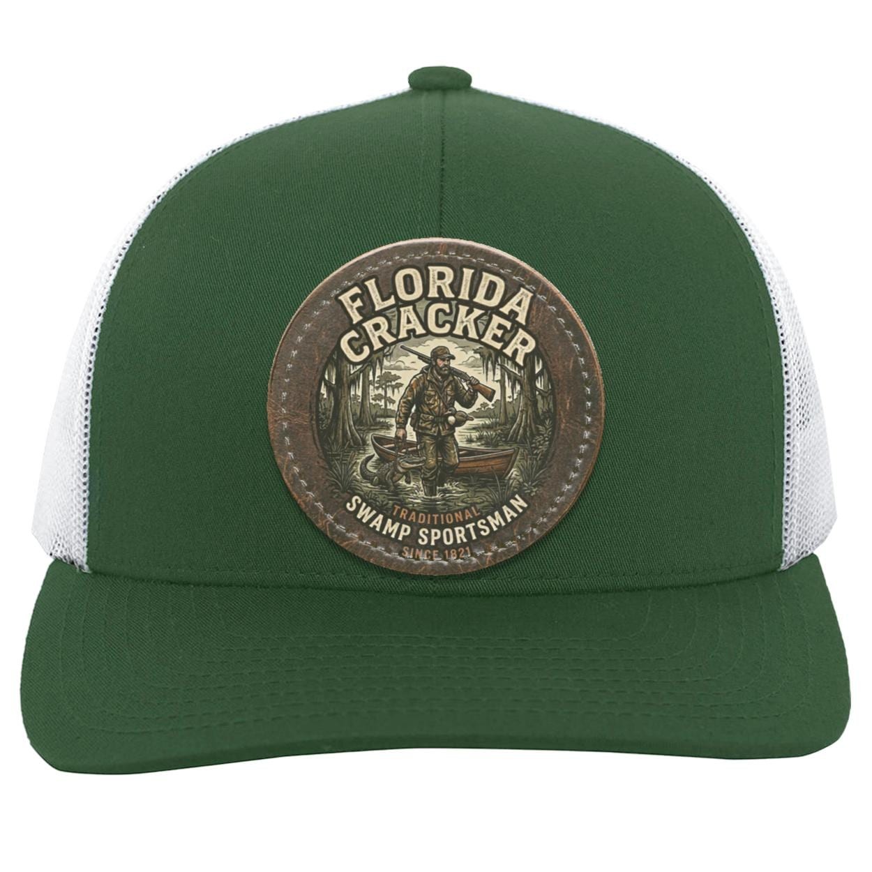 Florida Cracker Leather Patch Hat, Traditional Swamp Sportsman Trucker Cap, Vintage Hunting and Fishing Gift for Men, Camo Swamp Gator Hat