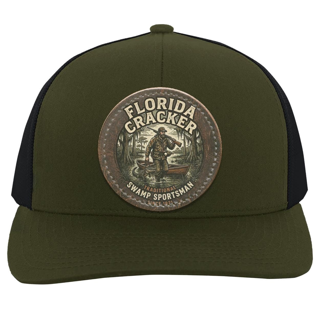 Florida Cracker Leather Patch Hat, Traditional Swamp Sportsman Trucker Cap, Vintage Hunting and Fishing Gift for Men, Camo Swamp Gator Hat, view 2
