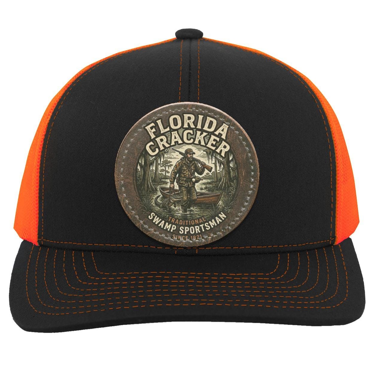 Florida Cracker Leather Patch Hat, Traditional Swamp Sportsman Trucker Cap, Vintage Hunting and Fishing Gift for Men, Camo Swamp Gator Hat, view 3