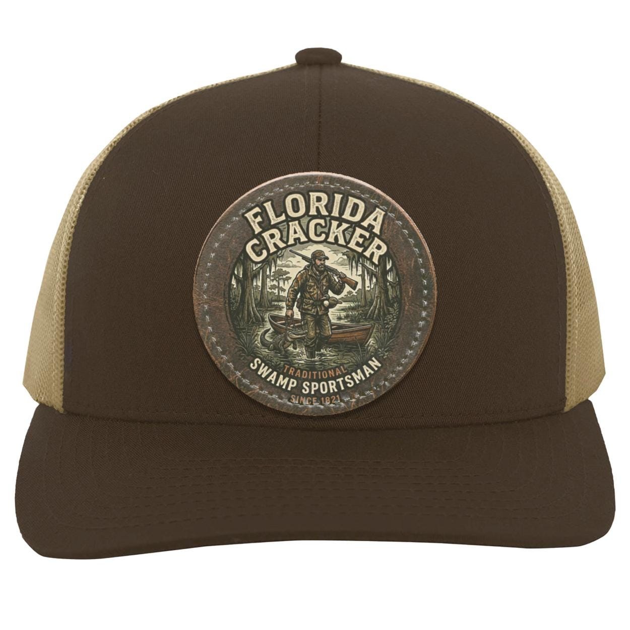 Florida Cracker Leather Patch Hat, Traditional Swamp Sportsman Trucker Cap, Vintage Hunting and Fishing Gift for Men, Camo Swamp Gator Hat, view 4