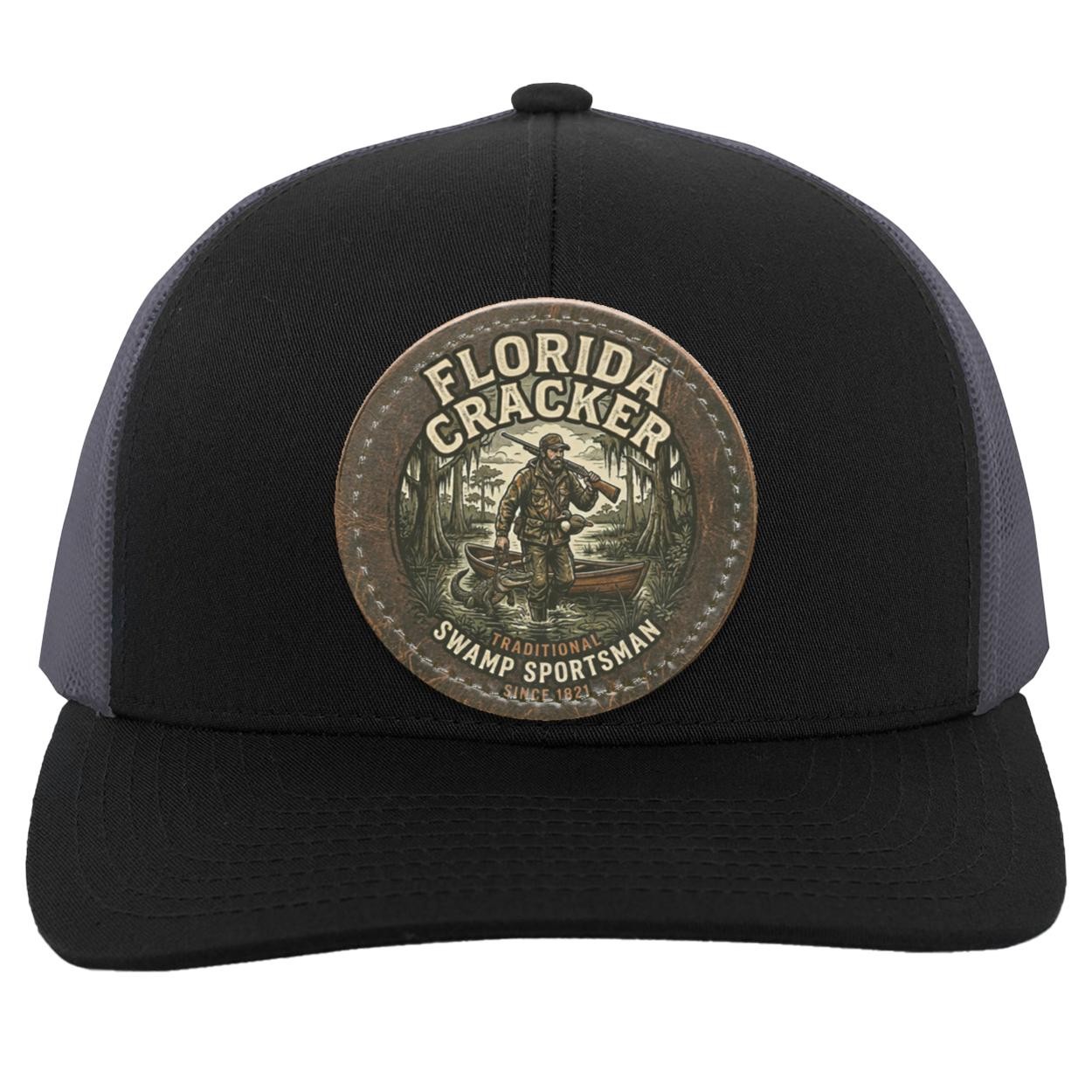 Florida Cracker Leather Patch Hat, Traditional Swamp Sportsman Trucker Cap, Vintage Hunting and Fishing Gift for Men, Camo Swamp Gator Hat, view 5