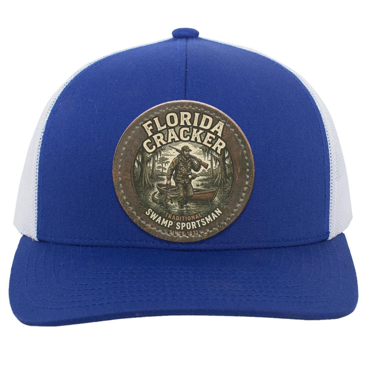 Florida Cracker Leather Patch Hat, Traditional Swamp Sportsman Trucker Cap, Vintage Hunting and Fishing Gift for Men, Camo Swamp Gator Hat, view 6