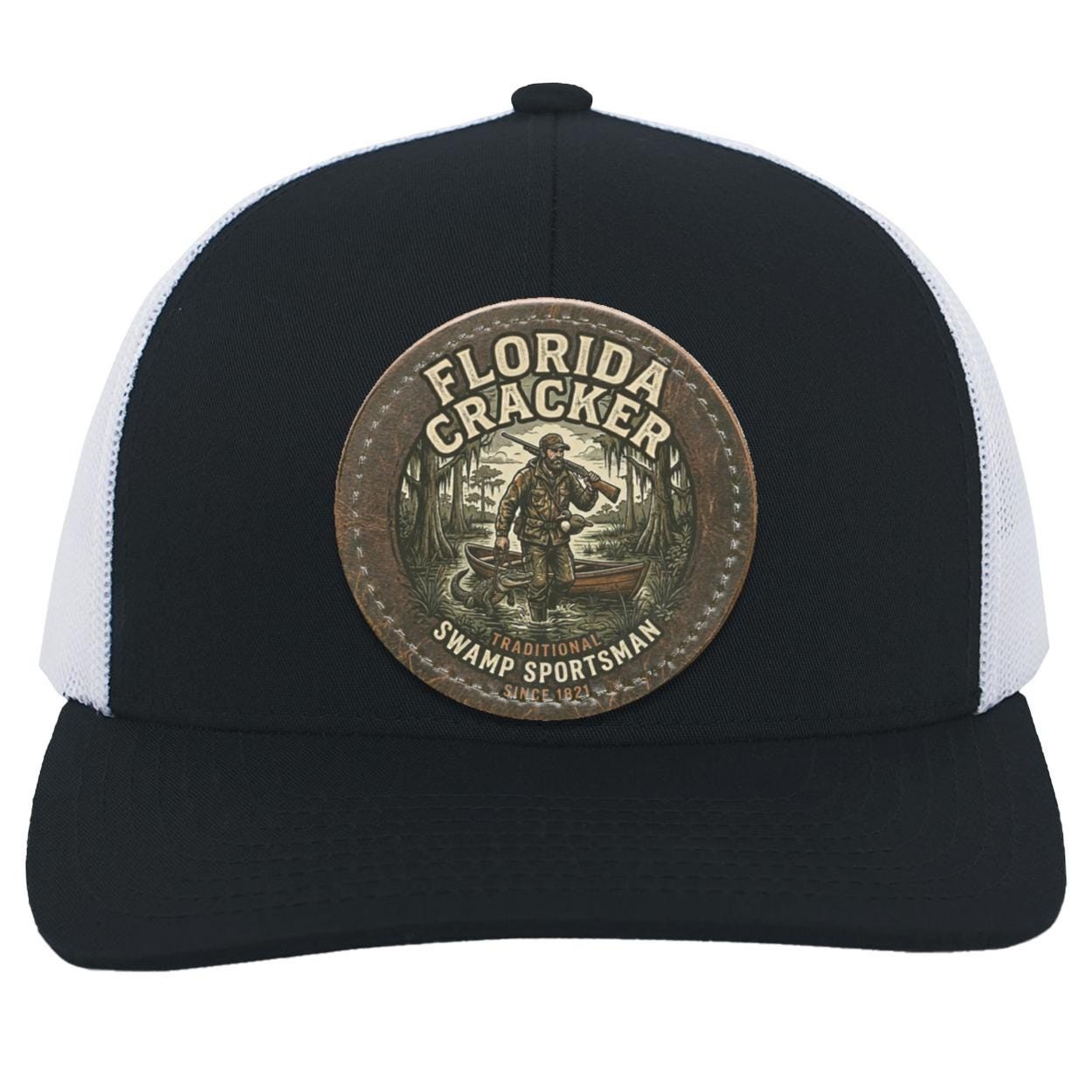 Florida Cracker Leather Patch Hat, Traditional Swamp Sportsman Trucker Cap, Vintage Hunting and Fishing Gift for Men, Camo Swamp Gator Hat, view 7