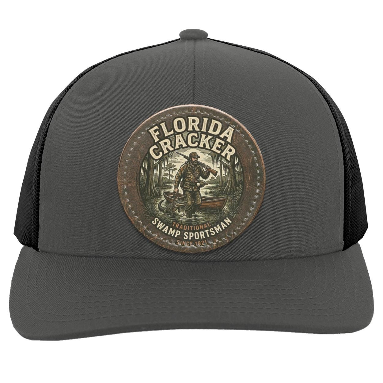 Florida Cracker Leather Patch Hat, Traditional Swamp Sportsman Trucker Cap, Vintage Hunting and Fishing Gift for Men, Camo Swamp Gator Hat, view 8