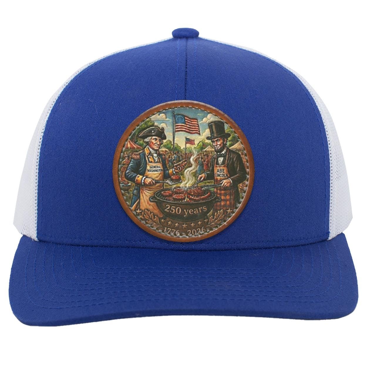 George Washington Abe Lincoln BBQ Leather Patch Trucker Hat, Patriotic 250th Anniversary Grill Gift