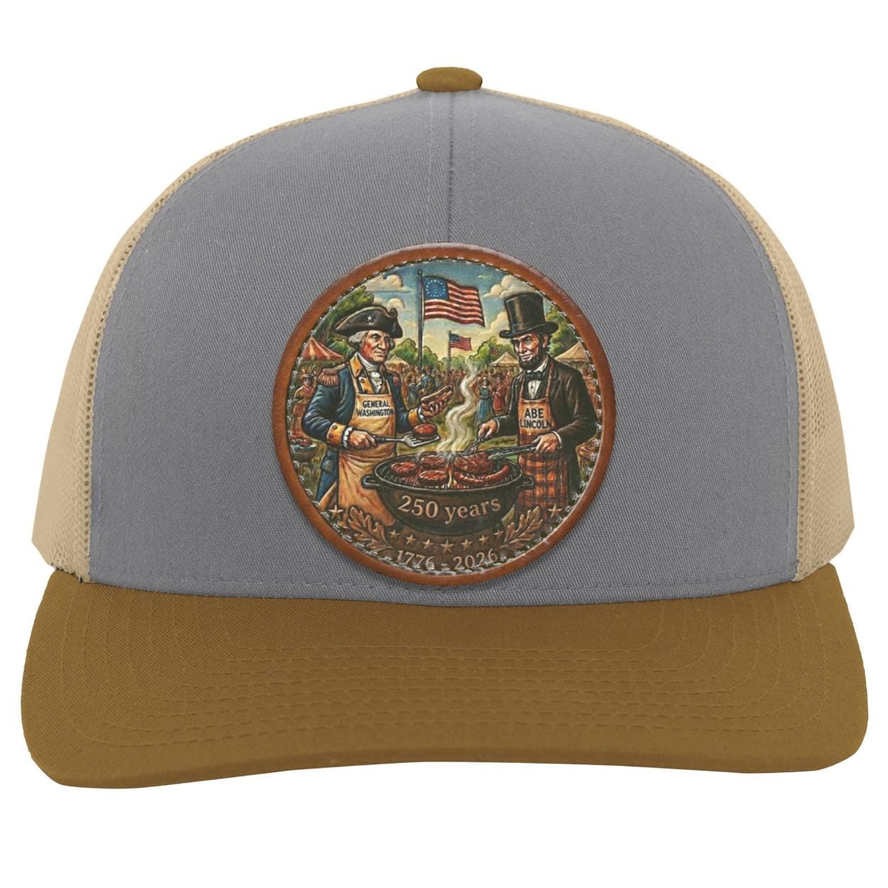 George Washington Abe Lincoln BBQ Leather Patch Trucker Hat, Patriotic 250th Anniversary Grill Gift, view 2