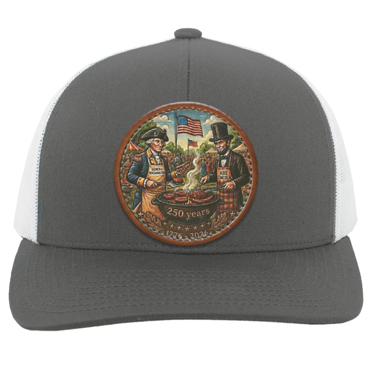 George Washington Abe Lincoln BBQ Leather Patch Trucker Hat, Patriotic 250th Anniversary Grill Gift, view 3