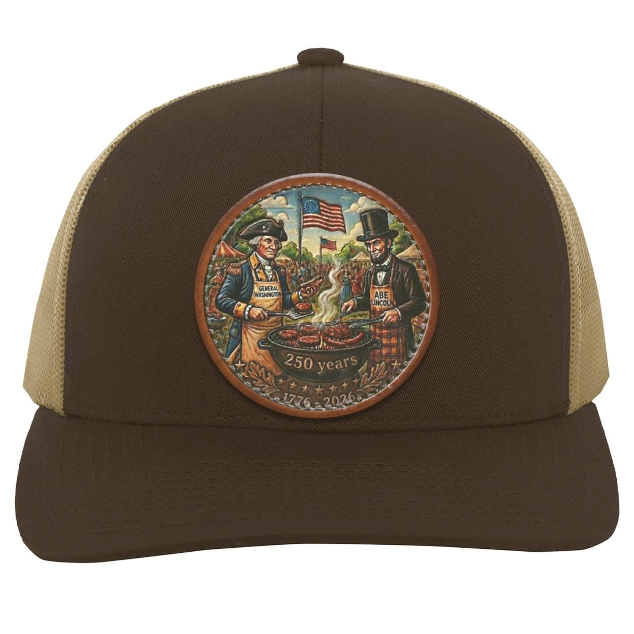 George Washington Abe Lincoln BBQ Leather Patch Trucker Hat, Patriotic 250th Anniversary Grill Gift, view 4