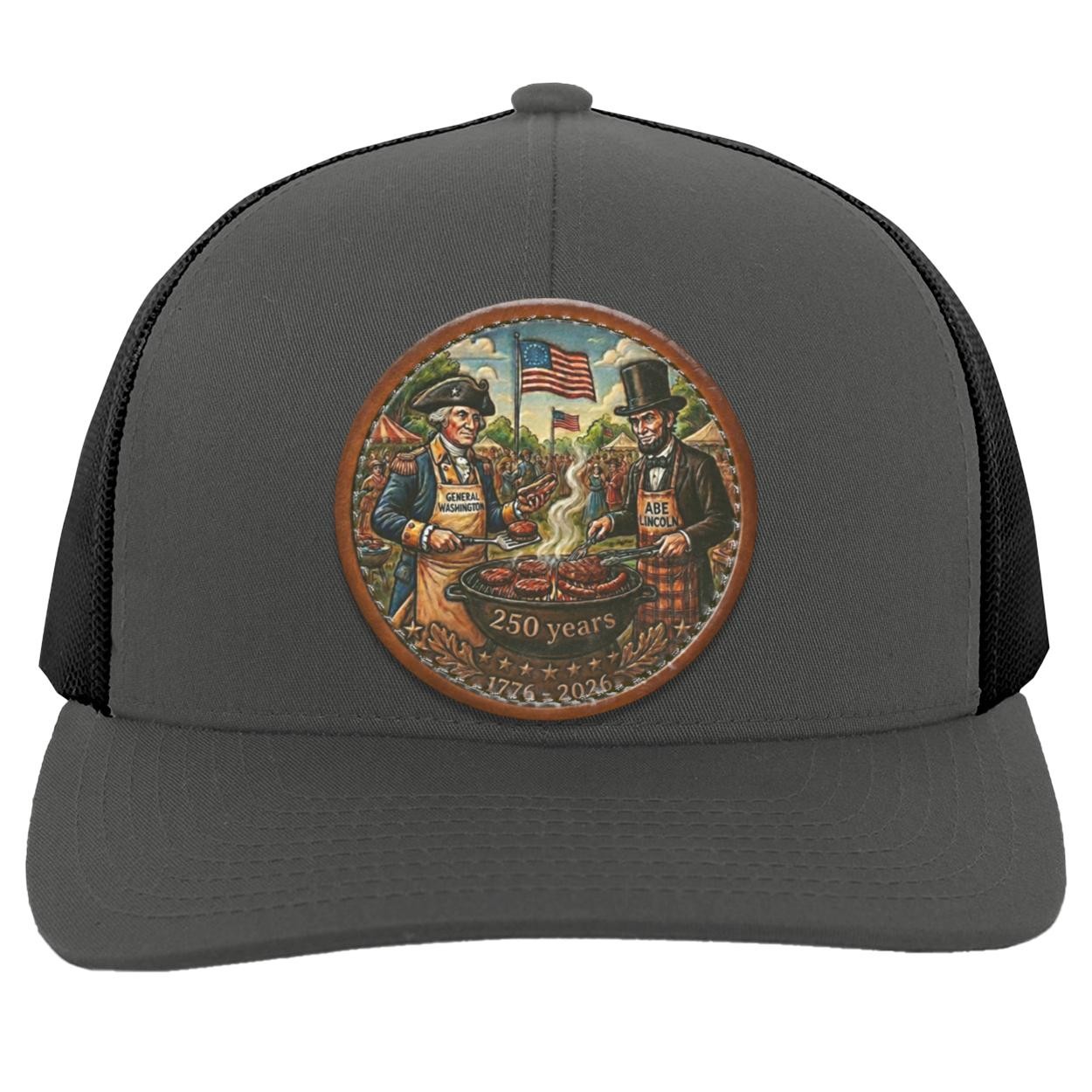 George Washington Abe Lincoln BBQ Leather Patch Trucker Hat, Patriotic 250th Anniversary Grill Gift, view 5