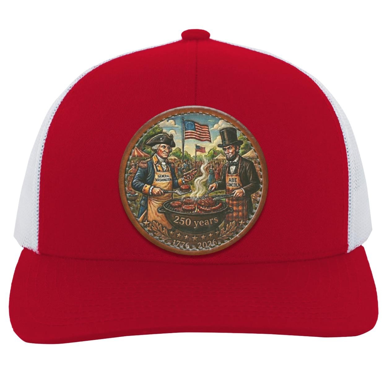George Washington Abe Lincoln BBQ Leather Patch Trucker Hat, Patriotic 250th Anniversary Grill Gift, view 6