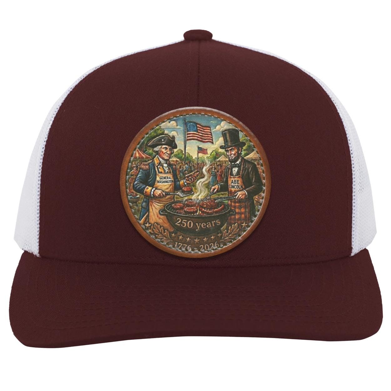 George Washington Abe Lincoln BBQ Leather Patch Trucker Hat, Patriotic 250th Anniversary Grill Gift, view 7