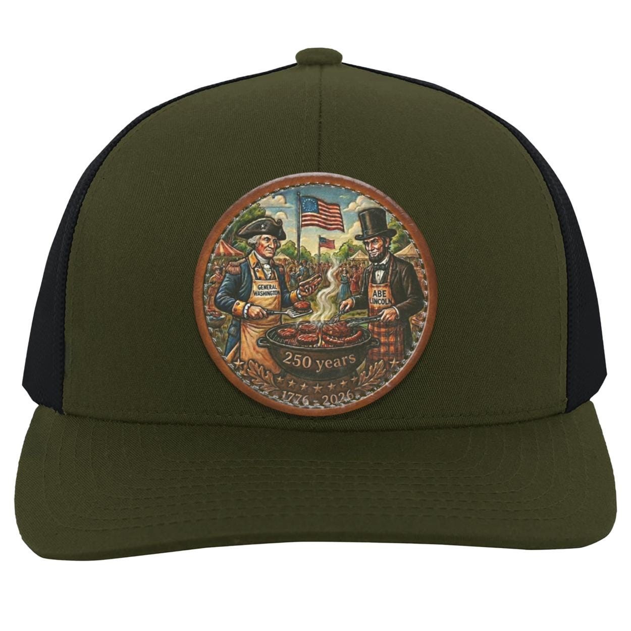 George Washington Abe Lincoln BBQ Leather Patch Trucker Hat, Patriotic 250th Anniversary Grill Gift, view 8