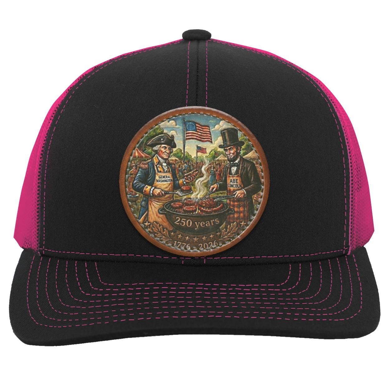 George Washington Abe Lincoln BBQ Leather Patch Trucker Hat, Patriotic 250th Anniversary Grill Gift, view 9