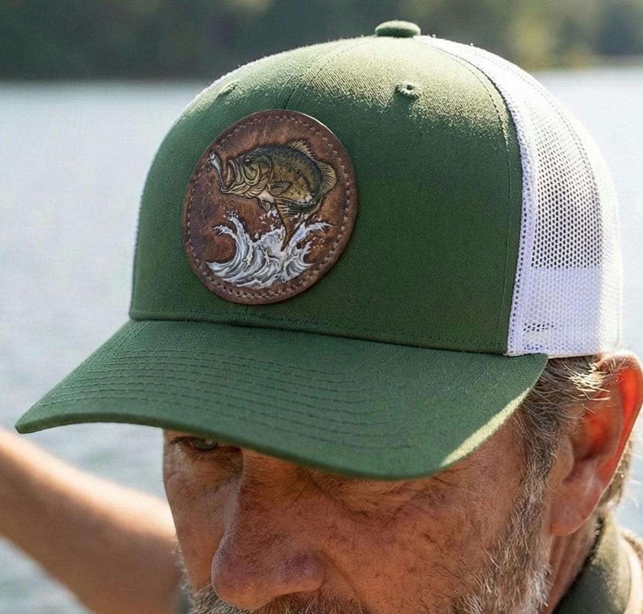 Largemouth Bass Trucker Hat, Vegan Leather Patch, Angler Gift