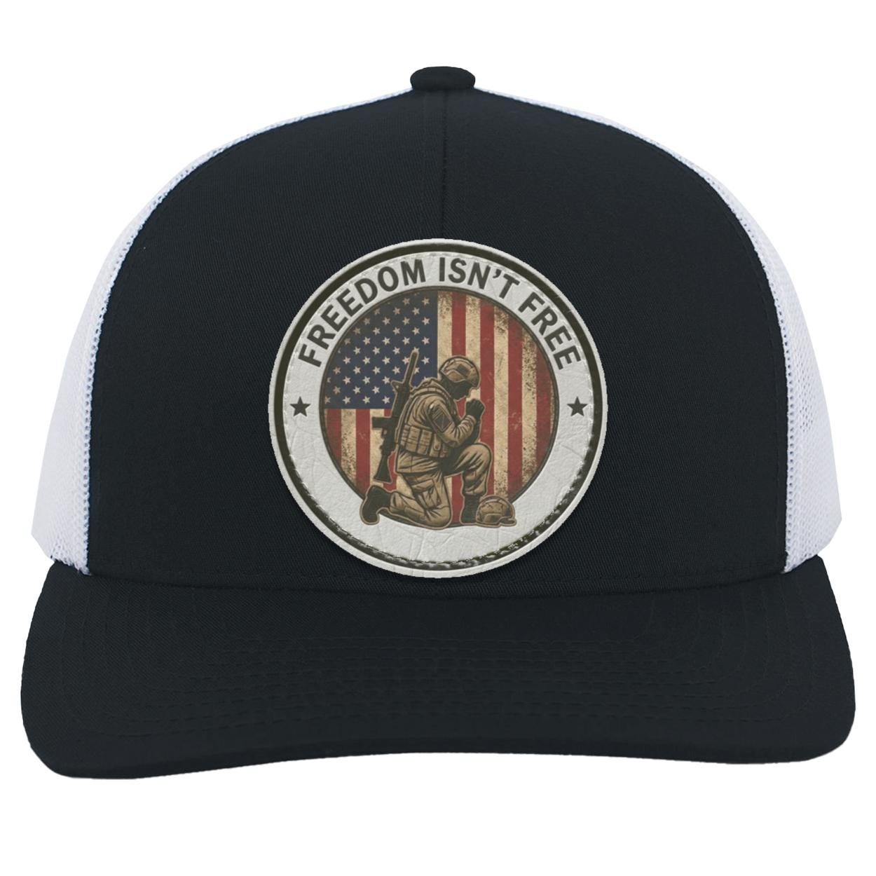 Patriotic Kneeling Soldier Trucker Hat | Faux Leather Patch, American Flag Military Style