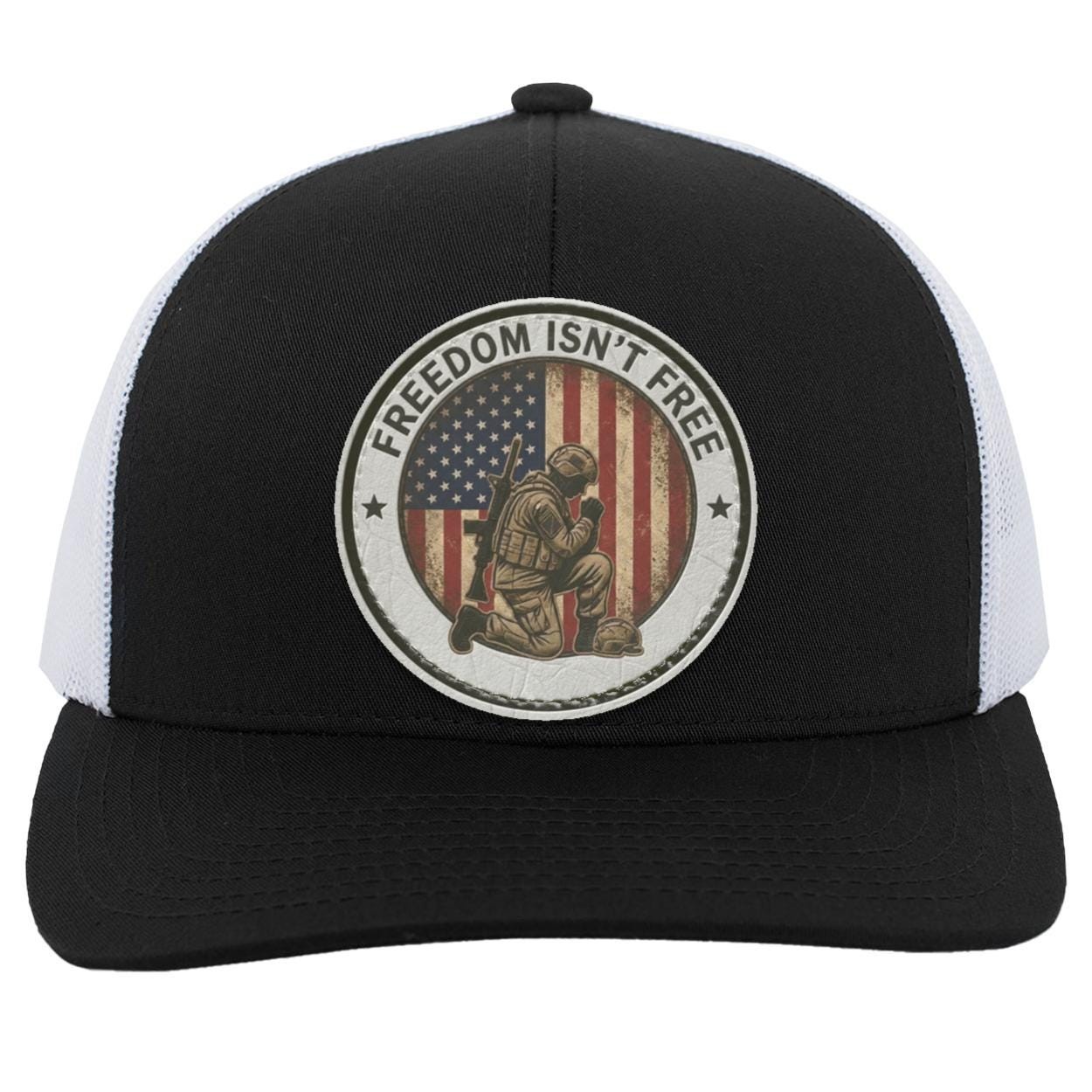 Patriotic Kneeling Soldier Trucker Hat | Faux Leather Patch, American Flag Military Style, view 2