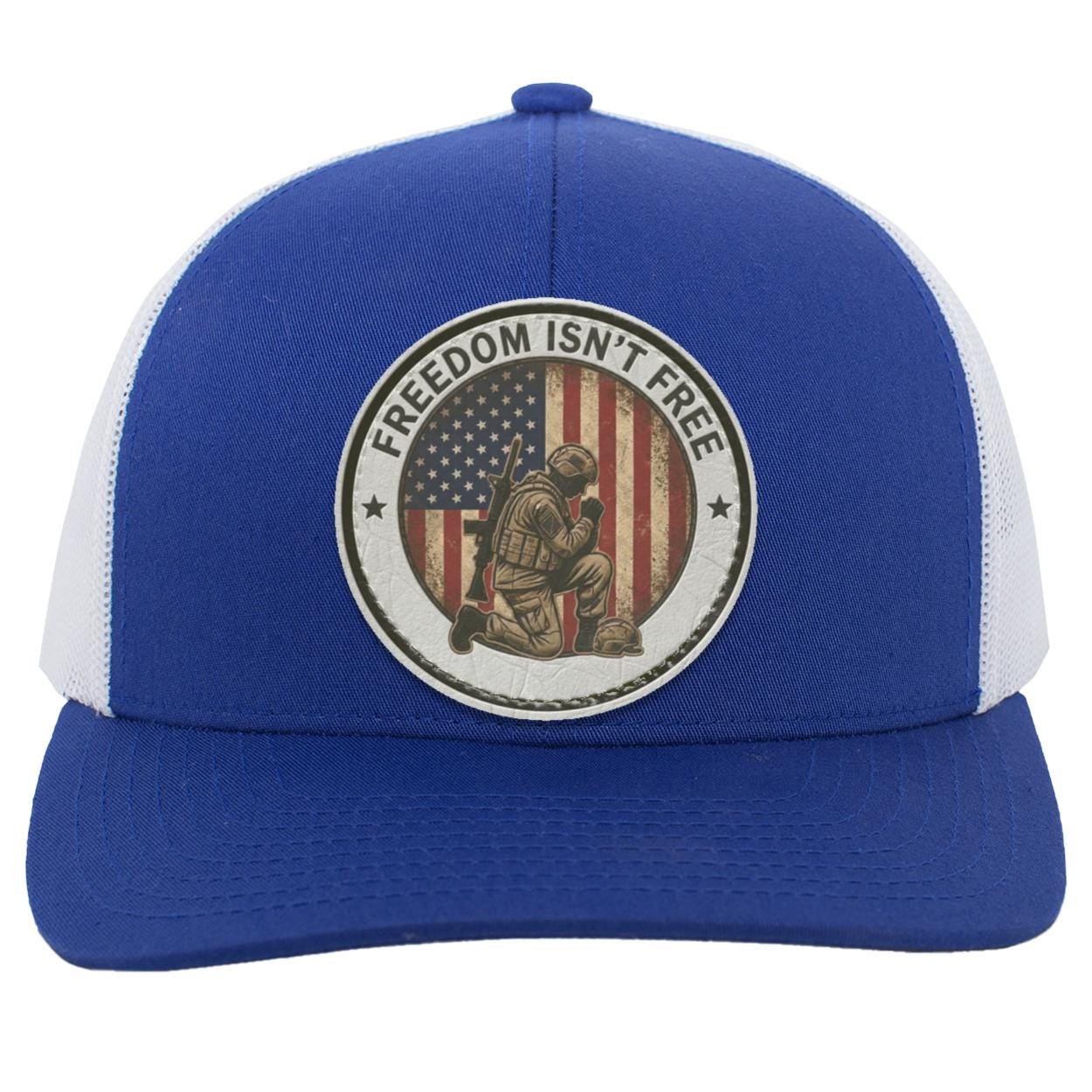 Patriotic Kneeling Soldier Trucker Hat | Faux Leather Patch, American Flag Military Style, view 3