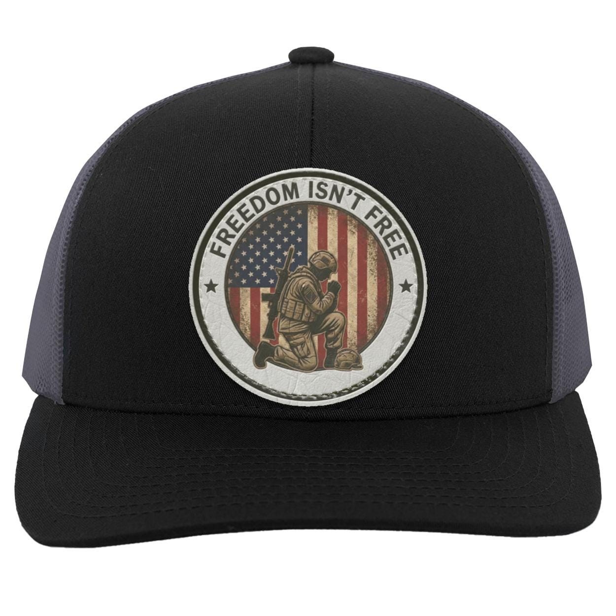 Patriotic Kneeling Soldier Trucker Hat | Faux Leather Patch, American Flag Military Style, view 4