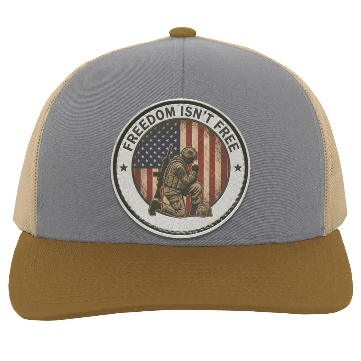 Patriotic Kneeling Soldier Trucker Hat | Faux Leather Patch, American Flag Military Style, view 5