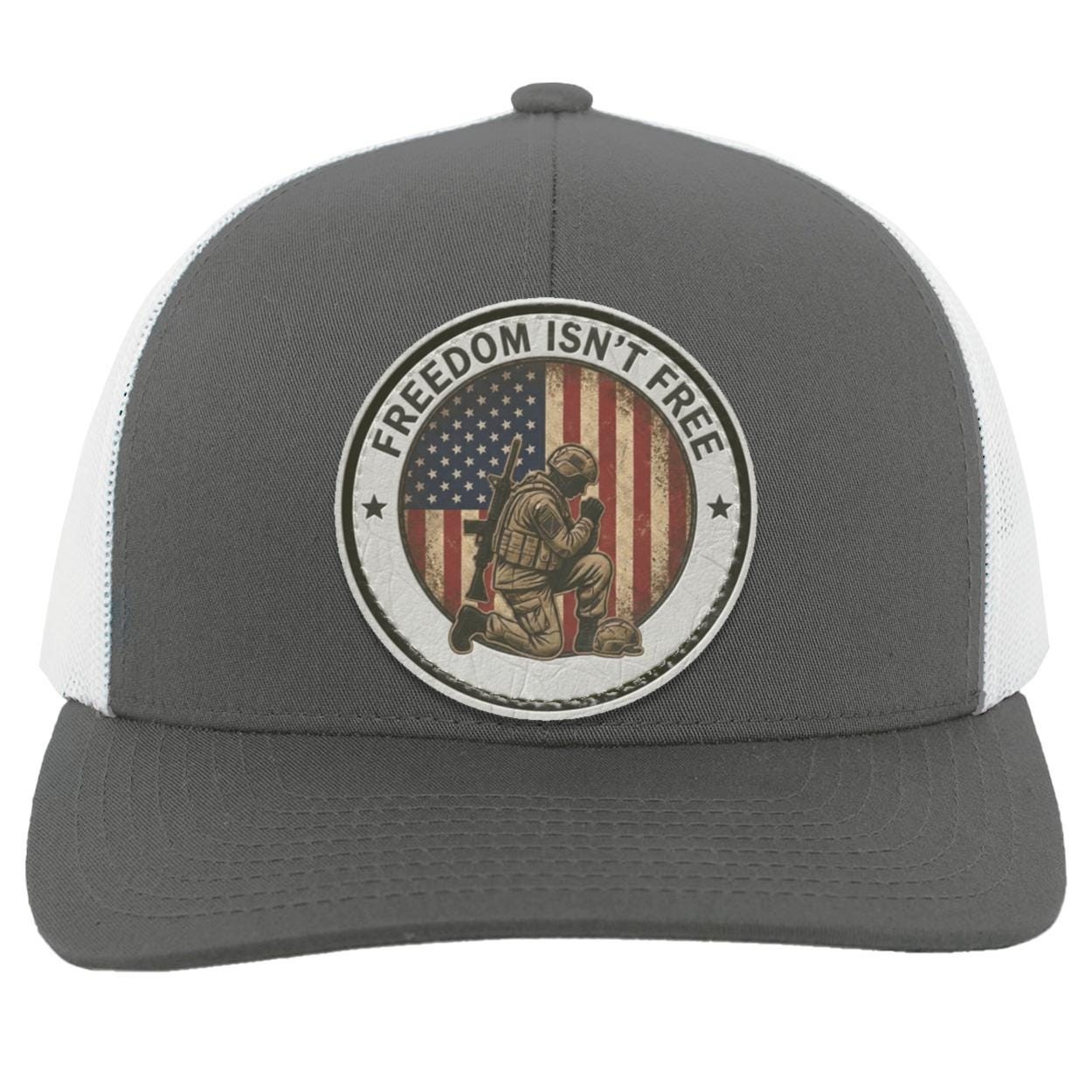 Patriotic Kneeling Soldier Trucker Hat | Faux Leather Patch, American Flag Military Style, view 6