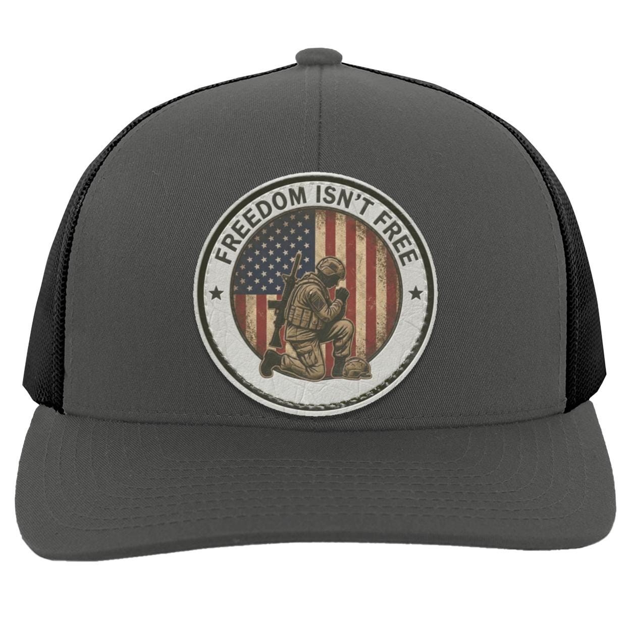Patriotic Kneeling Soldier Trucker Hat | Faux Leather Patch, American Flag Military Style, view 7