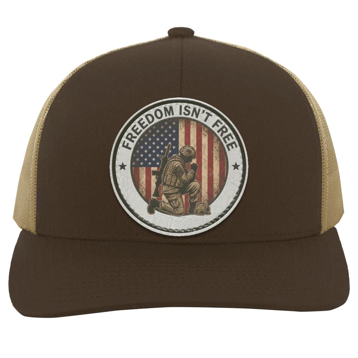 Patriotic Kneeling Soldier Trucker Hat | Faux Leather Patch, American Flag Military Style, view 8