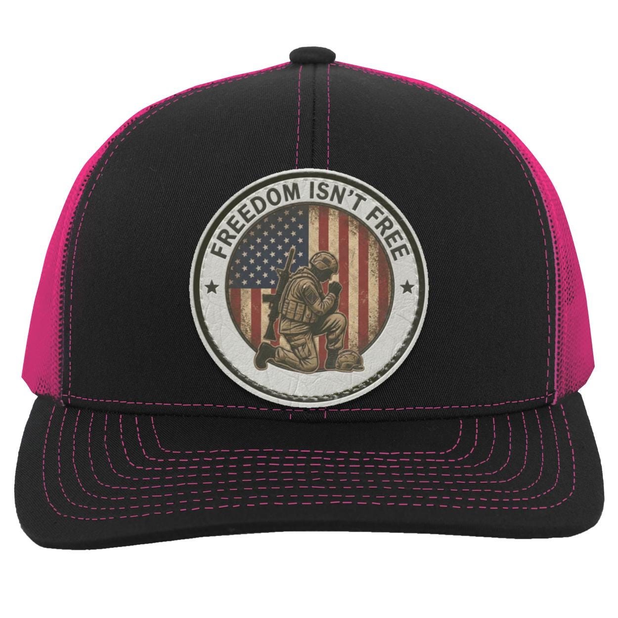 Patriotic Kneeling Soldier Trucker Hat | Faux Leather Patch, American Flag Military Style, view 9
