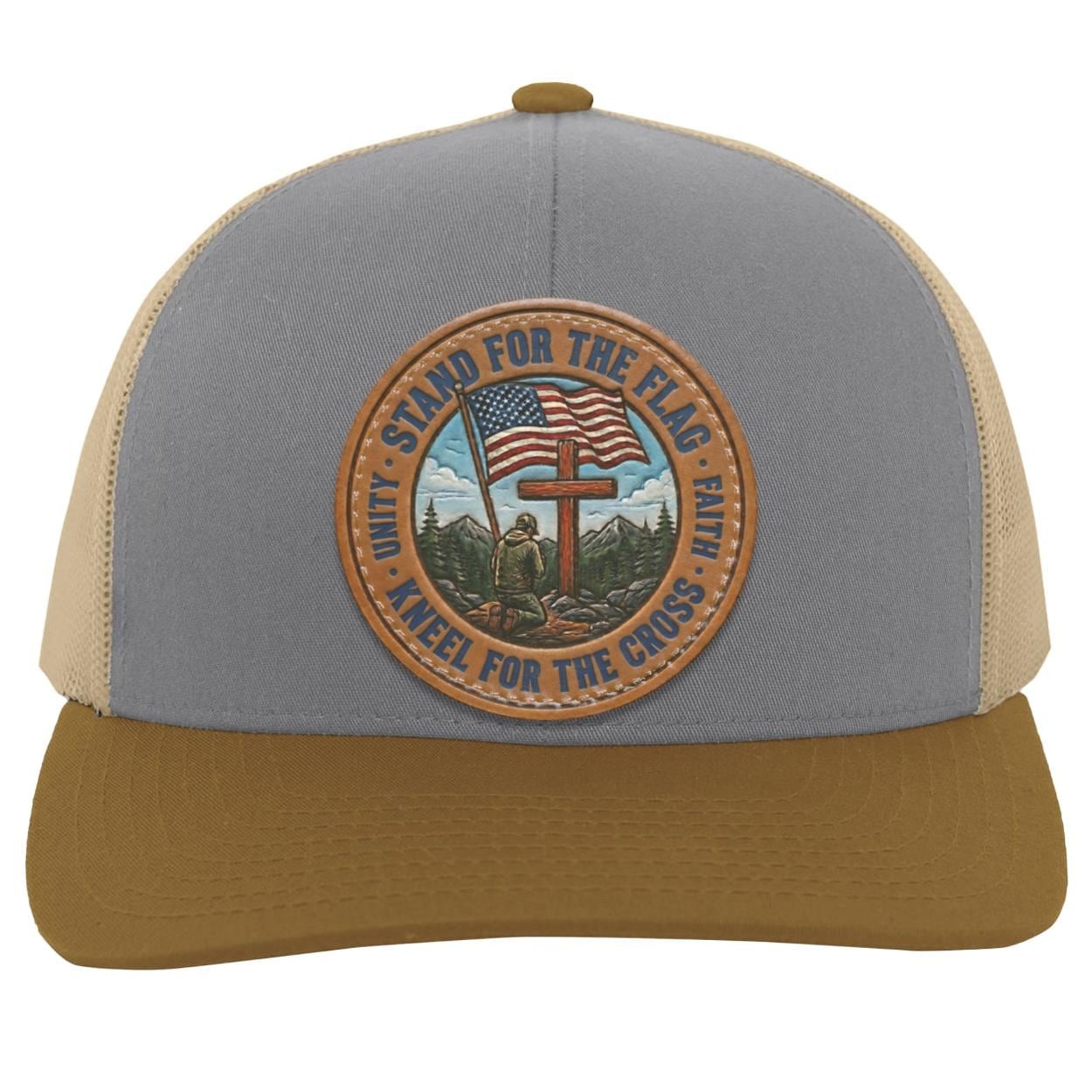 Patriotic Leather Patch Trucker Hat, Faith Freedom American Flag Snapback