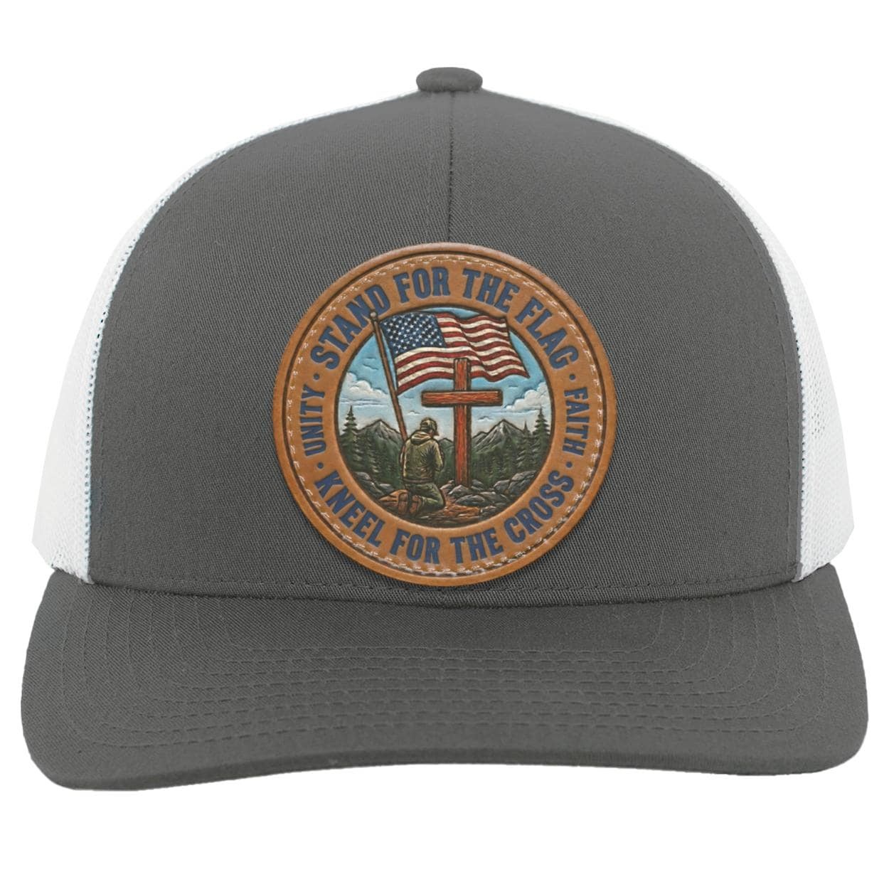 Patriotic Leather Patch Trucker Hat, Faith Freedom American Flag Snapback, view 2
