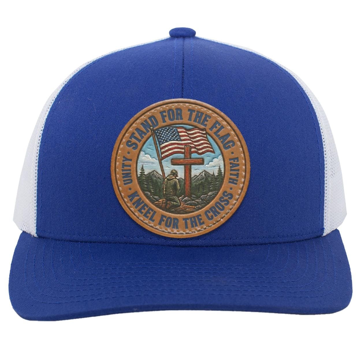 Patriotic Leather Patch Trucker Hat, Faith Freedom American Flag Snapback, view 3