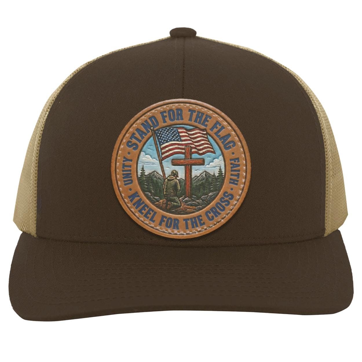 Patriotic Leather Patch Trucker Hat, Faith Freedom American Flag Snapback, view 4
