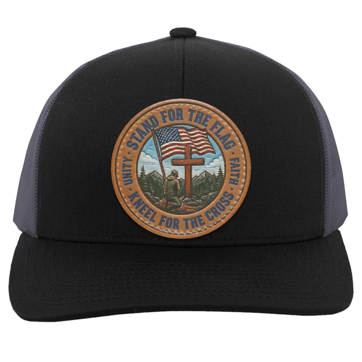 Patriotic Leather Patch Trucker Hat, Faith Freedom American Flag Snapback, view 5