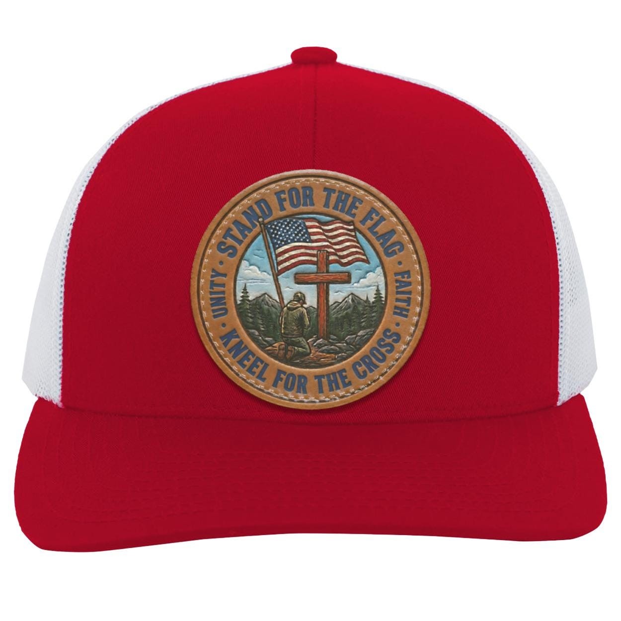 Patriotic Leather Patch Trucker Hat, Faith Freedom American Flag Snapback, view 6
