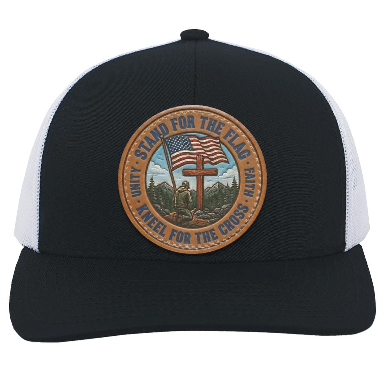 Patriotic Leather Patch Trucker Hat, Faith Freedom American Flag Snapback, view 7