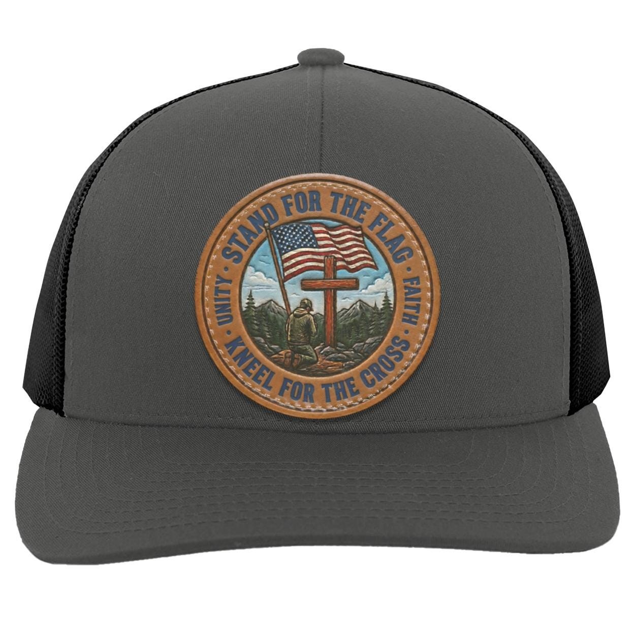 Patriotic Leather Patch Trucker Hat, Faith Freedom American Flag Snapback, view 8