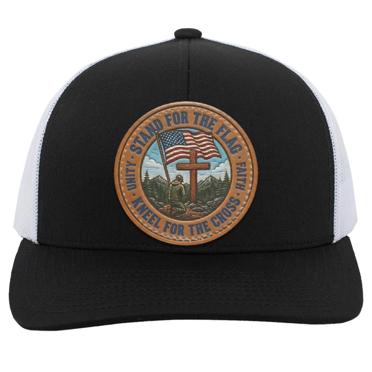 Patriotic Leather Patch Trucker Hat, Faith Freedom American Flag Snapback, view 9