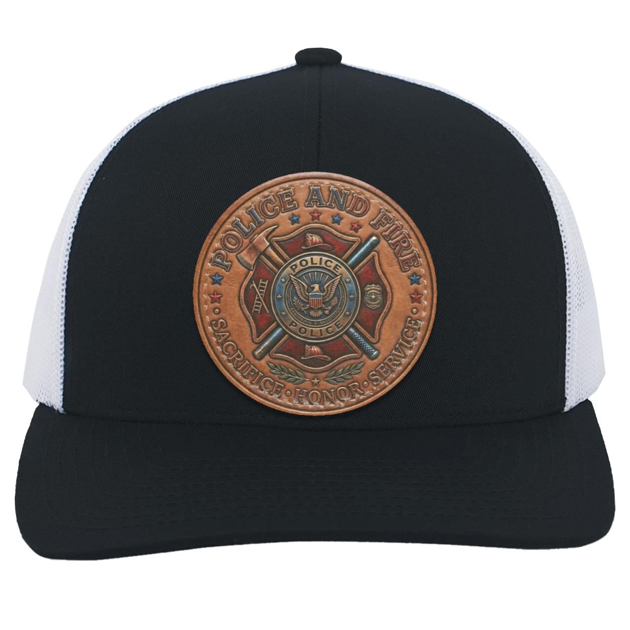 Police Fire Leather Patch Trucker Hat, First Responder Tribute Cap