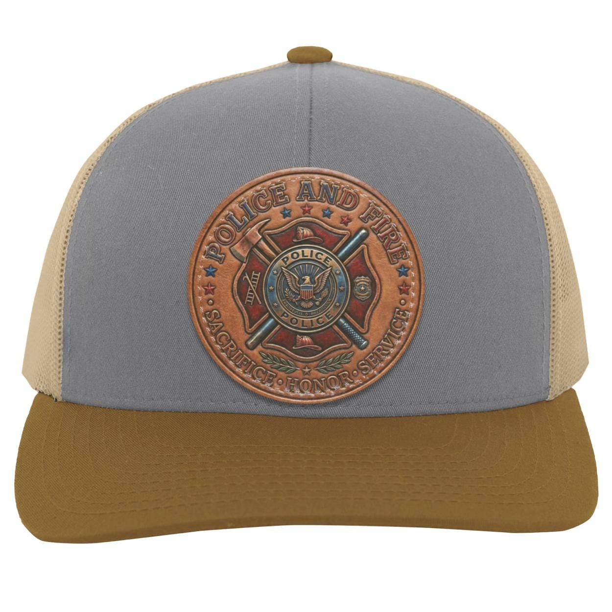 Police Fire Leather Patch Trucker Hat, First Responder Tribute Cap, view 2