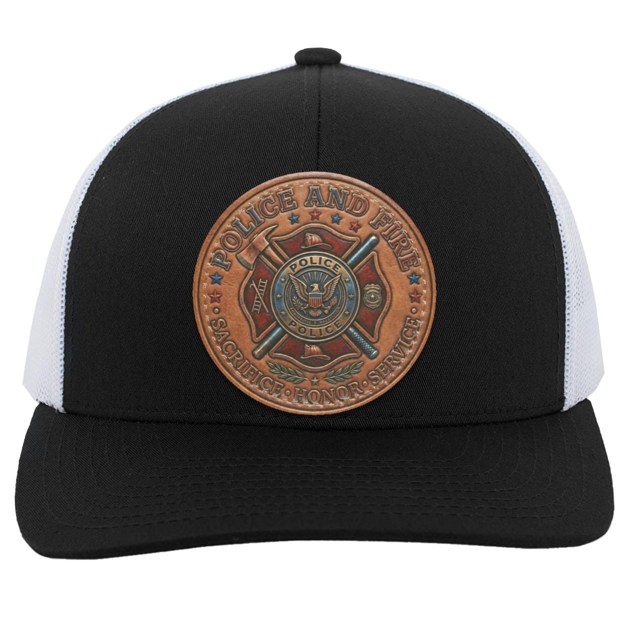 Police Fire Leather Patch Trucker Hat, First Responder Tribute Cap, view 3