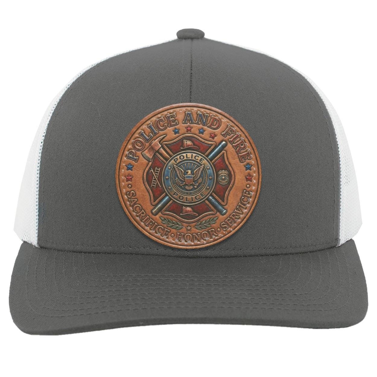 Police Fire Leather Patch Trucker Hat, First Responder Tribute Cap, view 4